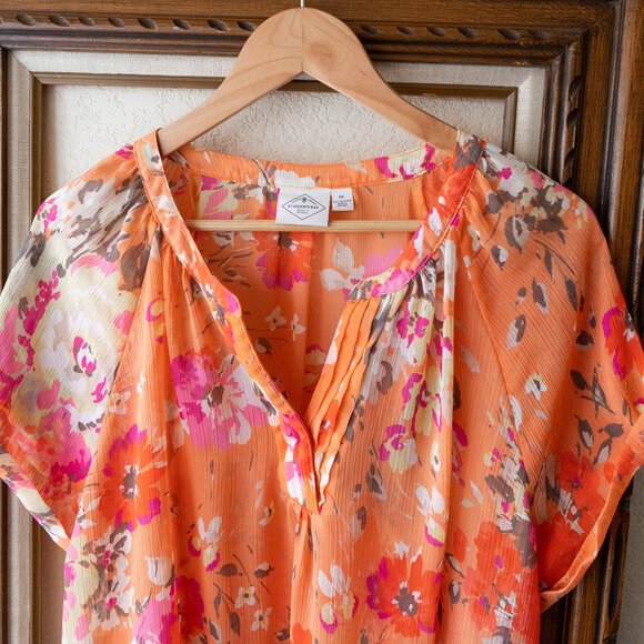 St. John’s Bay Blouse Size 1X Semi Sheer Orange Floral Top Boho Chic Shirt - Picture 3 of 6